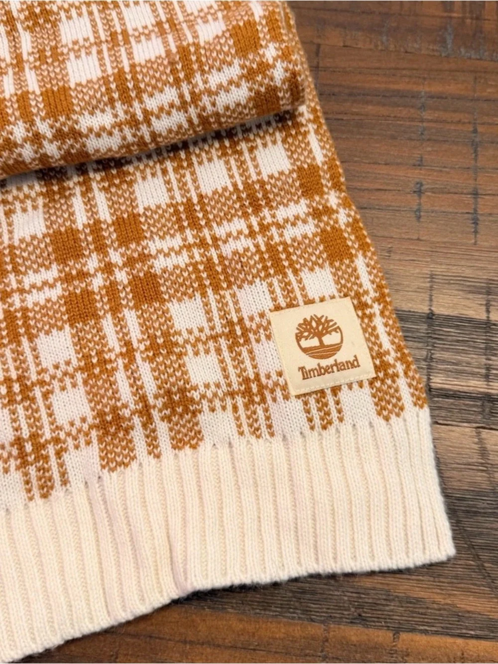 Timberland Plaid Knit Scarf Tan Cream Logo Patch Winter Unisex 60”